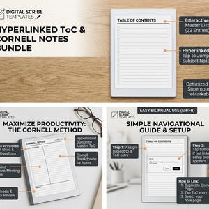 Reusable Hyperlinked Table of Contents Digital Template, Cornell Notes PDF for eInk Devices. Compatible with Supernote and Remarkable