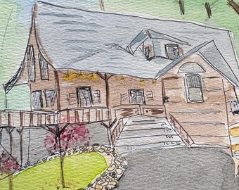 Custom Watercolor Painting Original Hand Painted Landscape House Building Choose Your Size