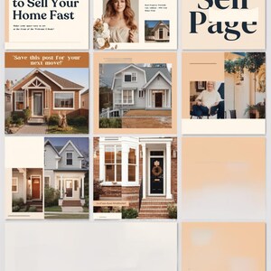 Op de afbeelding: Een social media rasterlay-out met vastgoedmarketingafbeeldingen. De panelen tonen tekst zoals 5 Tips to Sell Your Home Fast, Why This Neighborhood Is Booming en Sell Page, naast foto's van woonhuizen en verschillende personen.