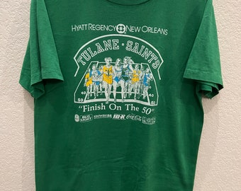 Vintage 1980s Tulane Saints "Finish on the 50" Race Running Shirt New Orleans Football Green Wave Who Dat Bud Light Coca-Cola 10-K Sports