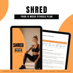 4 Week Shred Workout Plan, Fat Loss, Body Recomposition Guide, Women's Gym Program, Pilates and Nutrition PDF, Digital Fitness Planner