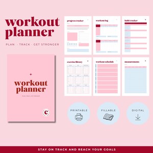 Könnte beinhalten: Ein rosa Trainingsplaner-Set mit einem Deckblatt mit dem Text workout planner plan track get stronger sowie sechs Innenseiten, darunter ein Fortschritts-Tracker, ein Trainingsprotokoll, ein Gewohnheits-Tracker und eine Messübersicht.