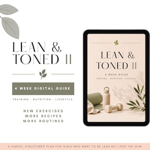Könnte beinhalten: Ein digitales Tablet mit einer Titelseite namens LEAN & TONED II 4-WEEK GUIDE TRAINING NUTRITION LIFESTYLE, das eine beige Trinkflasche, eine Hantel, eine gerollte Matte und einen grünen Blattzweig zeigt. Der Text wird links wiederholt.
