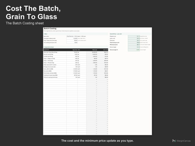 Brewery Cost Calculator - Batch Costing and Beer Pricing Spreadsheet for Craft Breweries, Excel and Google Sheets, Instant Digital Download image 3