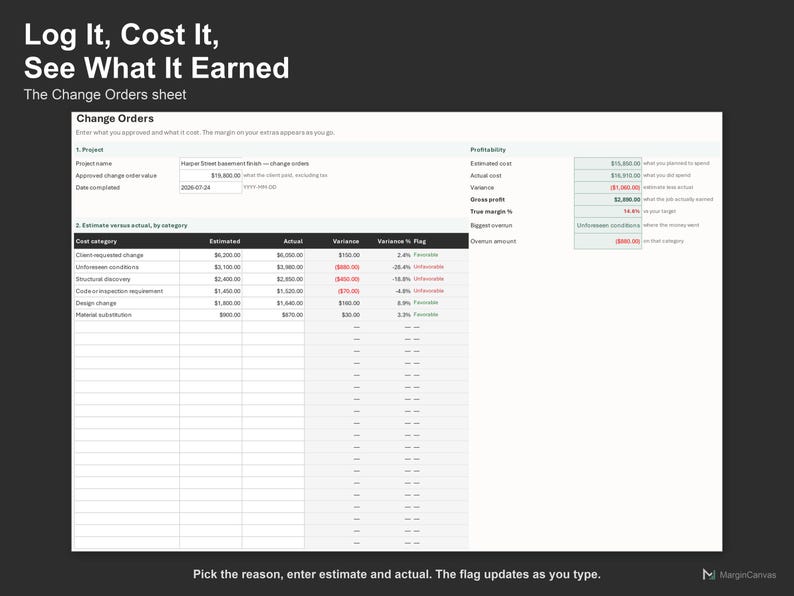 Change Order Tracker Spreadsheet - Construction Change Order Log, Excel and Google Sheets, Instant Digital Download Bild 3