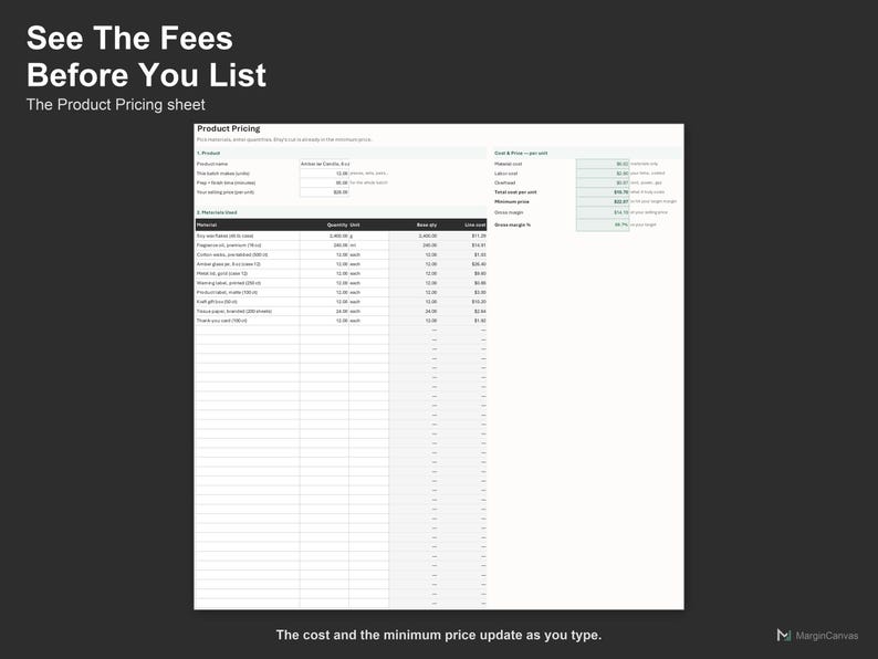 Etsy Fee Calculator - Pricing and Profit Spreadsheet for Etsy Sellers, Excel and Google Sheets, Instant Digital Download imagen 3