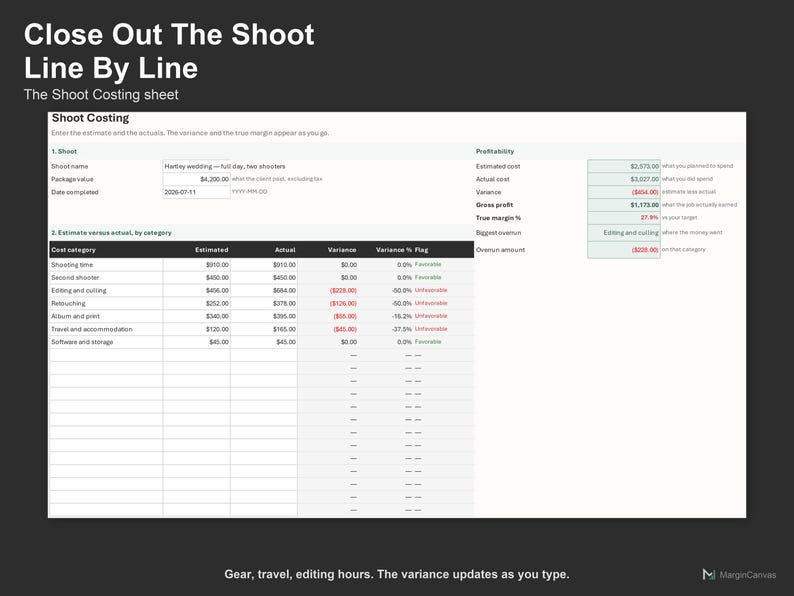 Photography Shoot Profitability Spreadsheet - Job Costing Tracker for Photographers, Excel and Google Sheets, Instant Digital Download bild 3