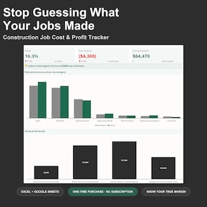 Construction Job Costing Spreadsheet - Job Cost and Profit Tracker, Excel and Google Sheets, Instant Digital Download Bild 1