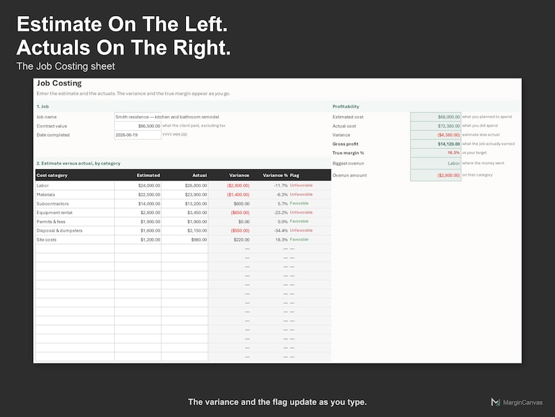 Construction Job Costing Spreadsheet - Job Cost and Profit Tracker, Excel and Google Sheets, Instant Digital Download Bild 3