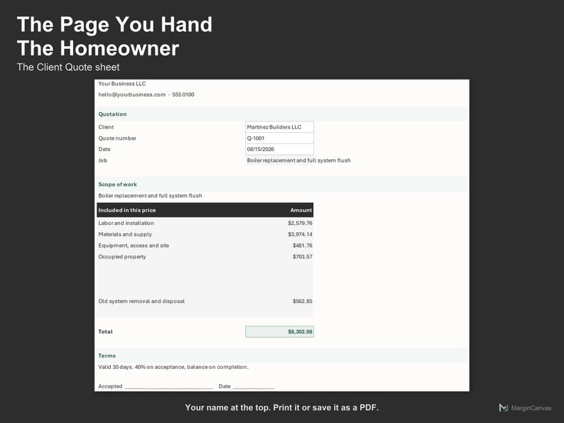 Plumbing Quote Calculator - Plumbing and Heating Estimate Spreadsheet for Contractors, Excel and Google Sheets, Instant Digital Download afbeelding 4