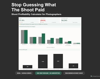 Photography Shoot Profitability Spreadsheet - Job Costing Tracker for Photographers, Excel and Google Sheets, Instant Digital Download