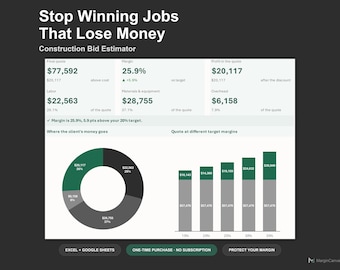 Construction Bid Estimator Spreadsheet - Contractor Quote and Margin Calculator, Excel and Google Sheets, Instant Digital Download