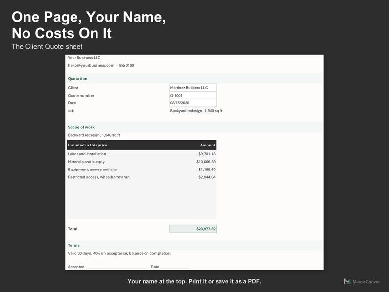 Landscaping Quote Calculator - Landscaping Estimate Spreadsheet for Contractors, Excel and Google Sheets, Instant Digital Download image 4