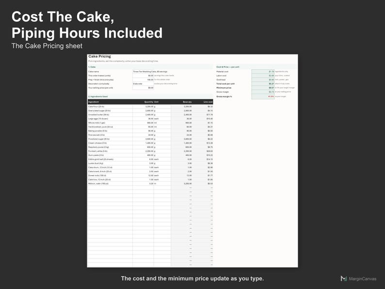 Kuchenpreisrechner – Individuelle Preiskalkulation für Bäcker (Excel und Google Sheets), sofortiger digitaler Download Bild 3