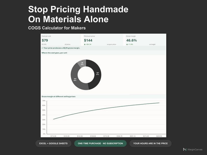 COGS Calculator - Handmade Product Cost and Pricing Spreadsheet for Makers, Excel and Google Sheets, Instant Digital Download image 1