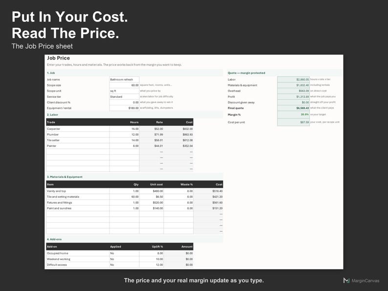 Contractor Markup and Margin Calculator - Job Pricing Spreadsheet for Trades, Excel and Google Sheets, Instant Digital Download image 3