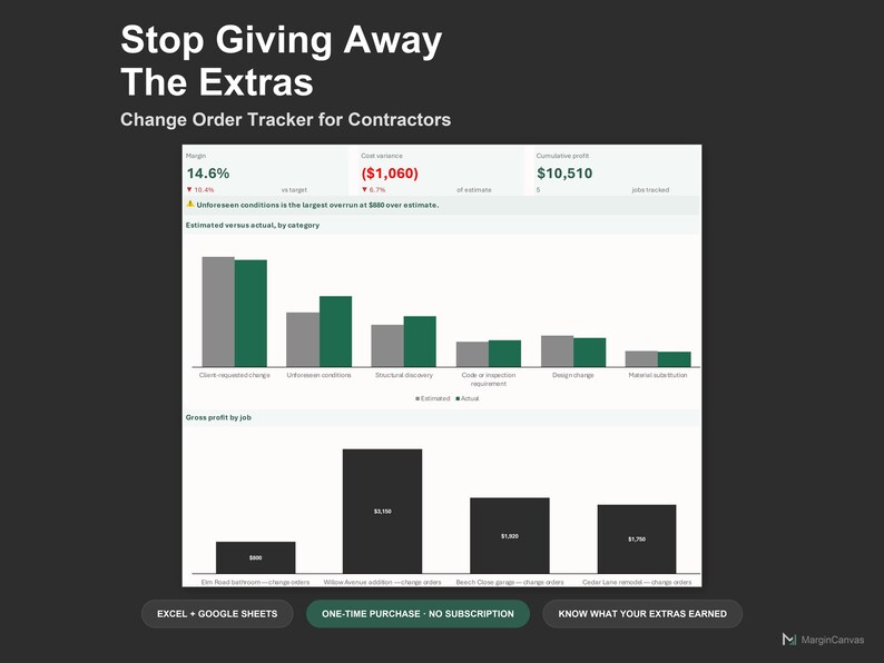 Change Order Tracker Spreadsheet - Construction Change Order Log, Excel and Google Sheets, Instant Digital Download Bild 1
