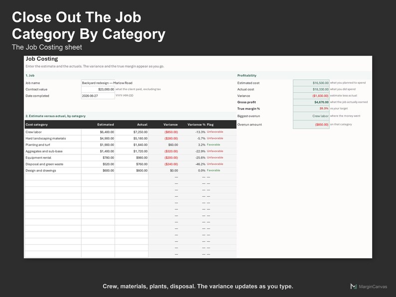 Landscaping Job Costing Spreadsheet - Job Cost and Profit Tracker for Landscapers, Excel and Google Sheets, Instant Digital Download image 3