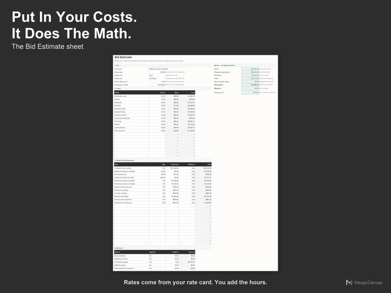 Construction Bid Estimator Spreadsheet - Contractor Quote and Margin Calculator, Excel and Google Sheets, Instant Digital Download image 3