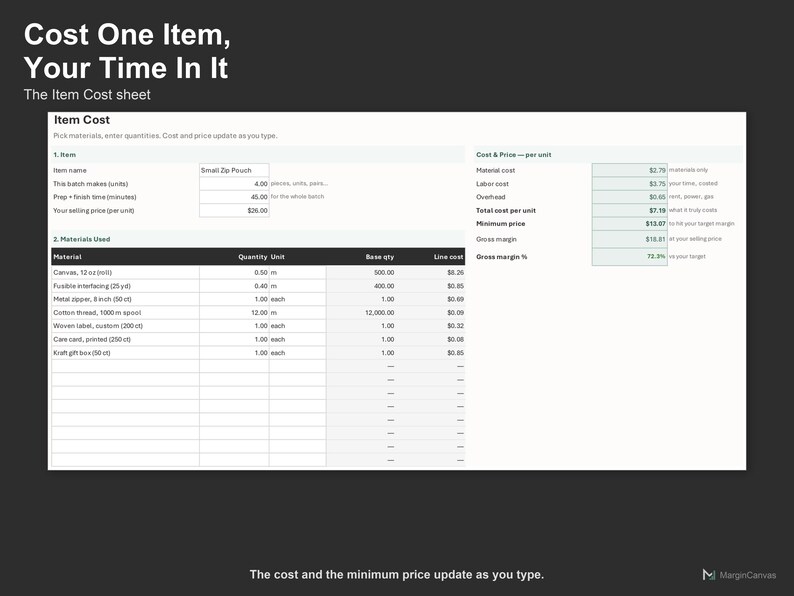 Cost Per Item Calculator - Simple Product Cost and Pricing Spreadsheet for Makers, Excel and Google Sheets, Instant Digital Download image 3