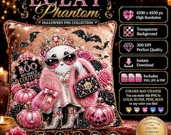 Pink Ghost PNG, Couture Halloween Sublimation, Luxury Coquette Design (Digital Download)