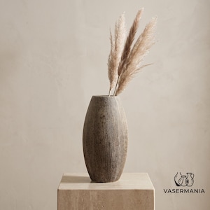 May include: A tall, oval-shaped vase with a dark, textured, wood-like surface finish. The vase contains three tall, feathery, beige pampas grass stems. The logo for VASERMANIA is visible in the bottom right corner of the image.