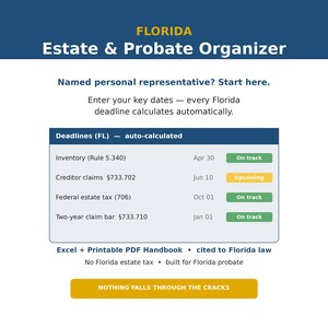 Floridas arvtagare | Checklista för personligt ombud | Kalkylblad efter dödsfall, deadline-spårare | Excel + handbok + mallar