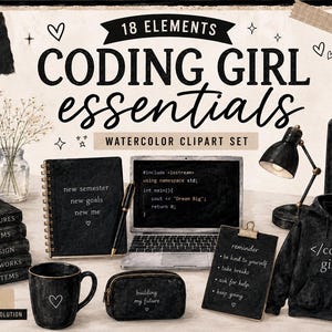 Puede incluir: Un conjunto de imágenes digitales titulado Coding Girl Essentials con 18 elementos en acuarela blanco y negro, incluyendo un portátil con código, libros, una sudadera con capucha, una botella de agua, una taza, un cuaderno y un estuche.