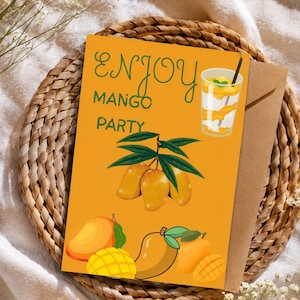 May include: A rectangular greeting card with a vibrant orange background featuring the text ENJOY MANGO PARTY in green. The design includes a glass of mango smoothie, a cluster of three mangoes on a branch, and several individual mango illustrations.