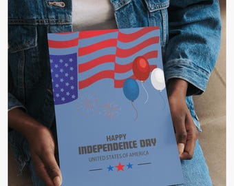 Tarjeta digital del 4 de julio, póster imprimible del Día de la Independencia, descarga de globos con la bandera de EE. UU.