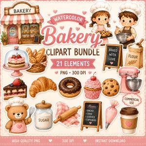Könnte beinhalten: Ein Aquarell-Bäckerei-Clipart-Set mit 21 Elementen, darunter ein Bäckereigeschäft, zwei Kinder mit Kochmützen, ein Kuchen auf einem Ständer, Brot, ein Croissant, ein Donut, ein Cupcake, ein Keks, eine Küchenmaschine, ein Bär und Menütafeln.