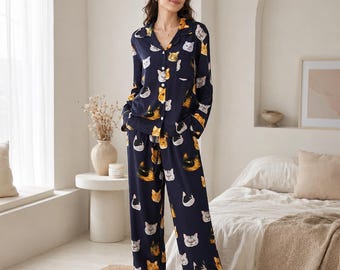 Cat Print Two Piece Pyjama Set | Women’s Breathable Loungewear