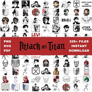 Könnte beinhalten: Eine digitale Sammlung von über 225 Attack on Titan Grafikdateien in den Formaten PNG, SVG und PDF. Das Bild zeigt zahlreiche schwarz-weiße Illustrationen von Charakteren, Emblemen und Logos mit einem zentralen roten Banner mit dem Text.