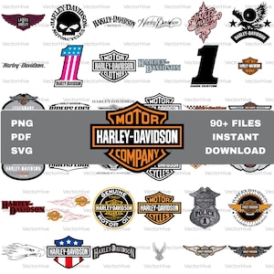 May include: A collection of Harley-Davidson logos and emblems in various styles, including shields, wings, skulls, and the number one. The central graphic features the iconic orange and black bar and shield logo with the text Harley-Davidson Company.