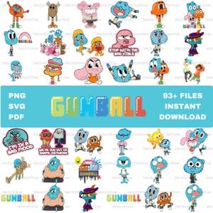 Pode incluir: Uma coleção de arquivos gráficos digitais com personagens de O Incrível Mundo de Gumball, incluindo Gumball Watterson, Darwin e Anais em várias poses, com o texto GUMBALL exibido em letras de bloco coloridas.