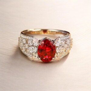 Lab Grown Ruby Oval Cut Stone Ring, Gold Silver Diamond Accents, Engagement Ring