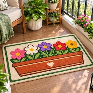 Puede incluir: Un felpudo rectangular con fondo color crema y borde verde oscuro. El centro presenta una jardinera rectangular marrón con un icono de corazón blanco, que contiene cinco flores coloridas en rosa, blanco, morado, rojo y amarillo.