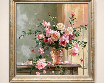 May include: A framed oil painting depicting a bouquet of pink and white roses in a glass vase resting on a wooden surface. The composition features loose brushstrokes, soft lighting, and scattered rose petals, all enclosed in a gold frame.
