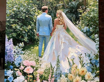 May include: An oil painting on canvas depicting a couple standing in a lush garden. The individual on the left wears a light blue suit, while the individual on the right wears a white wedding gown with a long veil. They are surrounded by colorful flowers.