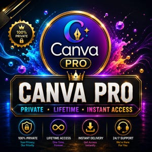 Puede incluir: Un gráfico digital que presenta el logotipo de Canva Pro en un marco circular con borde dorado. Debajo, una pancarta rectangular muestra el texto CANVA PRO, PRIVATE, LIFETIME, INSTANT ACCESS, y cuatro iconos con etiquetas de servicio.