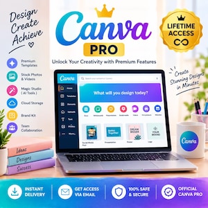 Acceso de por vida a Canva Pro / Cuenta de diseño premium / Más de 400.000 plantillas / Herramientas de diseño con IA / Entrega digital instantánea / Invitación de equipo