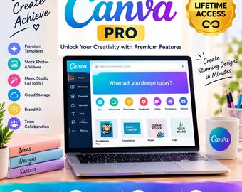 Acceso de por vida a Canva Pro / Cuenta de diseño premium / Más de 400.000 plantillas / Herramientas de diseño con IA / Entrega digital instantánea / Invitación de equipo
