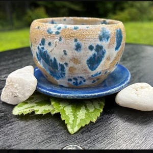 May include: A small, round, ceramic bowl with a speckled blue and tan glaze, resting on a matching solid blue saucer. The set is accompanied by two smooth, white, rounded stones and a single green leaf with light-coloured variegated patterns.