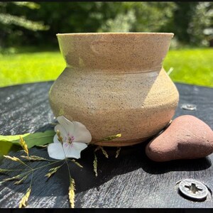 May include: A small, speckled beige ceramic pot with a wide, flared rim and a rounded body. The pot features a smooth, glazed finish with subtle dark flecks throughout the surface, creating a textured appearance in the sunlight.