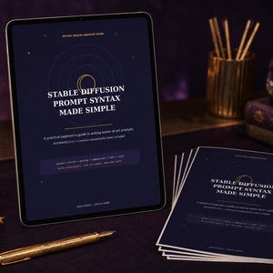 May include: A tablet and a stack of printed pages displaying a dark blue guide titled Stable Diffusion Prompt Syntax Made Simple. The cover features gold text, a circular graphic, and a formula for AI art prompts. A gold fountain pen lies nearby.