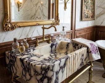 Calacatta Viola Marble Vessel Sink Handmade Luxury Bathroom Vanity Stone Basin