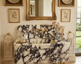 Calacatta Viola Marble Vanity Sink with Backsplash Fluted Natural Stone Basin