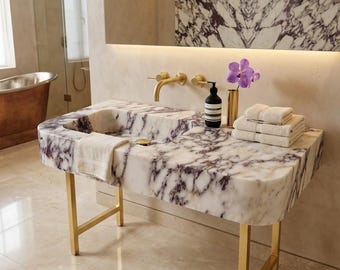 Calacatta Viola Marble Sink Handmade Stone Vanity with Integrated Backsplash