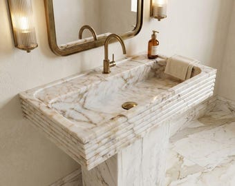 Calacatta Gold Marble Sink Handmade Stone Vessel Vanity Sink with Shelf