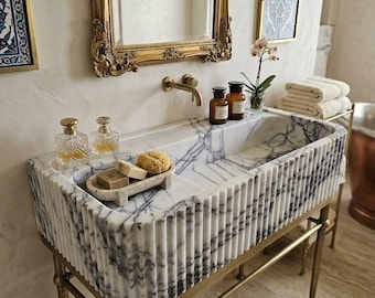 Lilac Marble Vanity Sink Fluted Natural Stone Bathroom Kitchen Basin